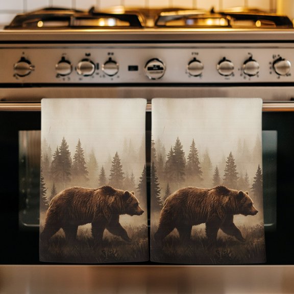 Brown Bear Kitchen Towels Set of 1, Forest Pine Tree Rustic Wild Animal Vintage Absorbent Dish Towels for Kitchen, Microfiber Hand Towel, Quick Drying Tea Towel for Cleaning Decorative Dishcloths