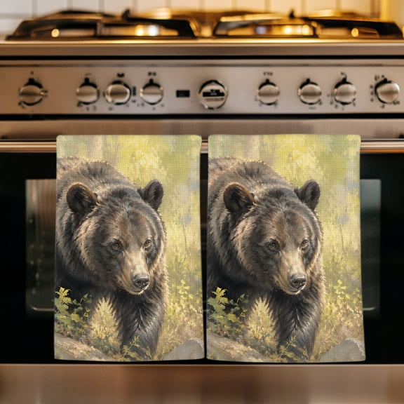 Brown Bear Kitchen Towels Set of 1, Natural Wild Rustic Natural Forest Absorbent Dish Towels for Kitchen, Microfiber Hand Towel, Quick Drying Tea Towel for Cleaning Decorative Dishcloths
