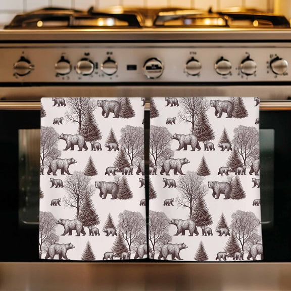 Brown Bear Kitchen Towels Set of 2, Hunting Bear Forest Wildlife Animals Vintage Absorbent Dish Towels for Kitchen, Microfiber Hand Towel, Quick Drying Tea Towel for Cleaning Decorative Dishcloths