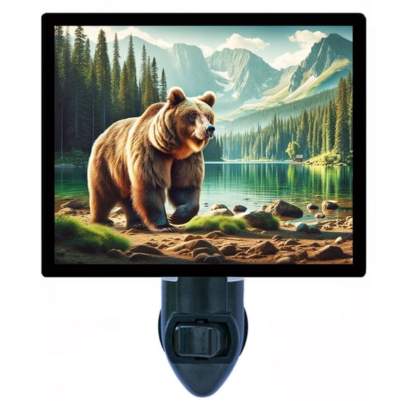 Brown Bear at Lakeside Night Light Majestic Wildlife Scene with Mountain Lake and Pine Forest, Rustic Cabin Lodge Dcor Lighting Includes Free Switchable Insert
