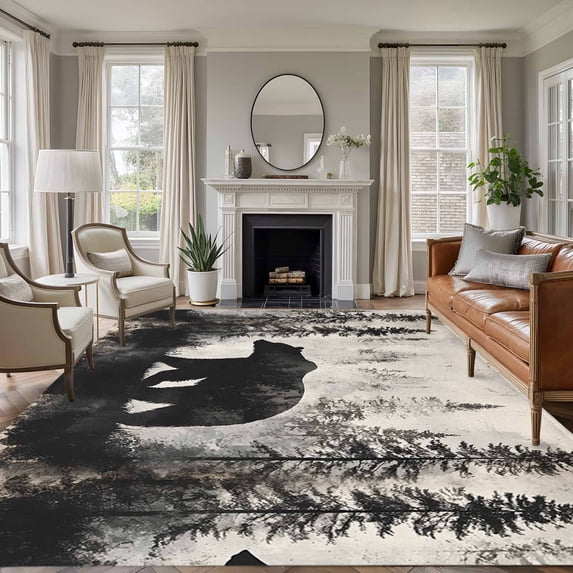 Brown Bear Large Area Rug 8x10 FT, Non Slip Living Room Throw Carpet, Retro Forest Nature Tree Silhouette Mountain Washable Soft Indoor Outdoor Carpet Non-Shedding Rug for Bedroom Dining Room