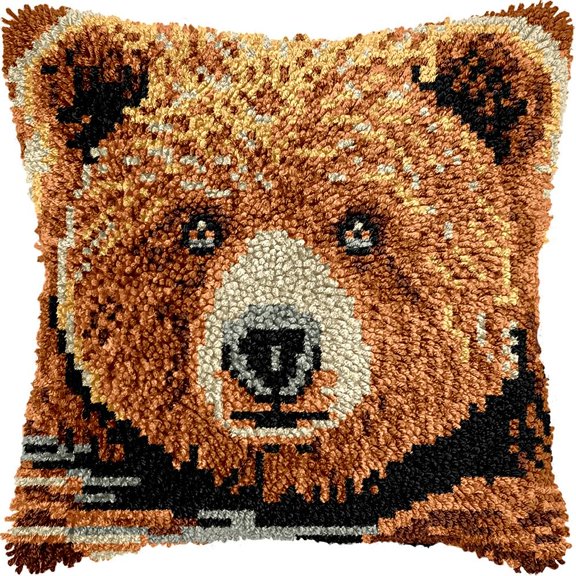 Brown Bear Latch Hook Kits Pillow DIY Pillowcase Crochet Hook Cushion Making Kits with Preprinted Pattern Canvas Instruction Yarns Pillow Cover Easy Starter DIY Crochet Kits 43x43cmf112)
