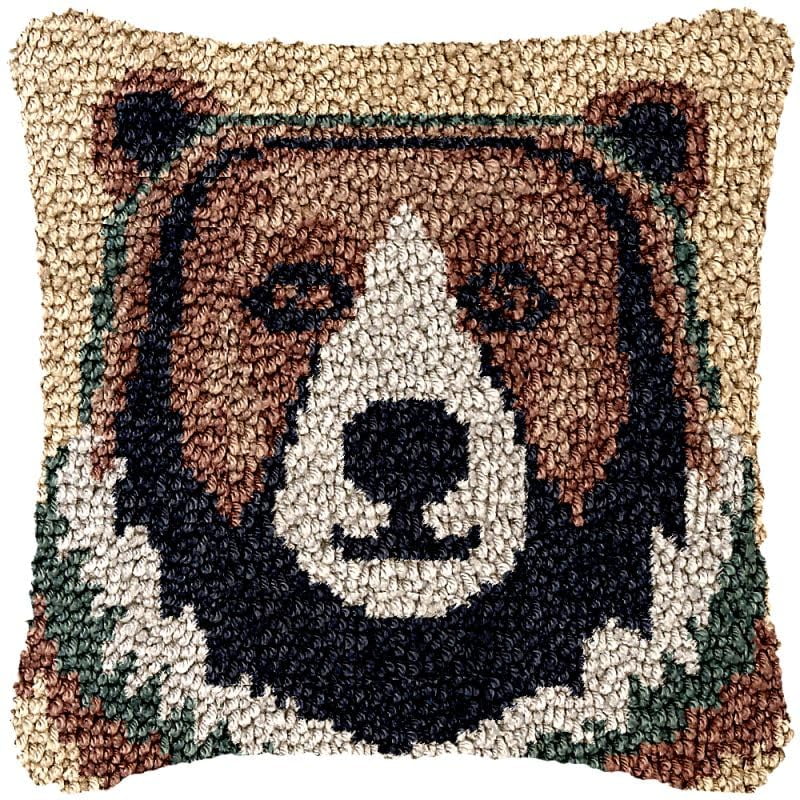 Brown Bear Latch Hook Pillow Cover Kits for DIY Handmade Throw Pillow Cross Stitch Latch Hook Pillowcase Rug Kits with Preprinted Color Pattern Canvas Crochet Yarn Kits 17''X 17''(ch161)