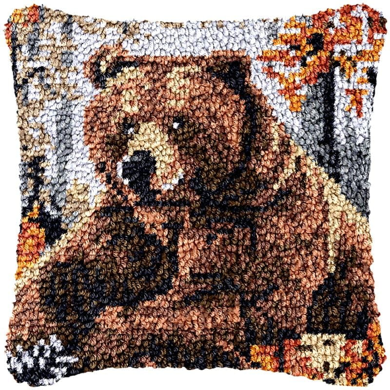 Brown Bear Latch Hook Pillow Cover Kits for DIY Handmade Throw Pillow Cross Stitch Latch Hook Pillowcase Rug Kits with Preprinted Color Pattern Canvas Crochet Yarn Kits 17''X 17''(ys70)