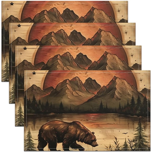 Brown Bear Mountain Placemats Set of 4 Animal Hunting Table Mats Rustic Cabin Country Place Mat for Kitchen Dining Table Party Decor Indoor Outdoor 18"x12" Non-Slip Easy to Clean Wild Animal