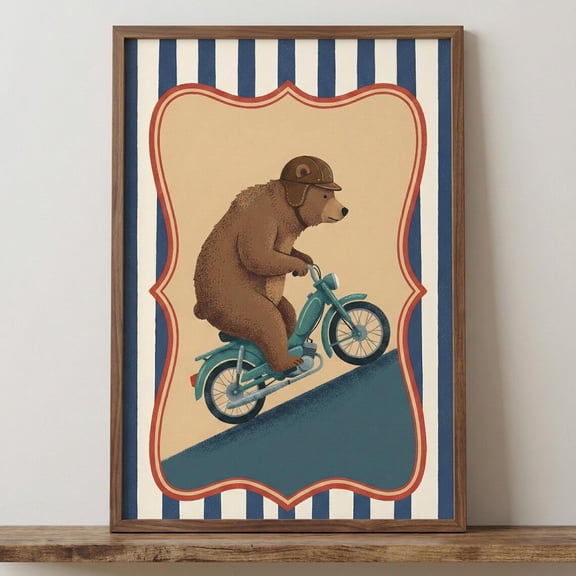 Brown Bear On Moped Vintage Nursery Art Wall Whimsical Animal Illustration Unframed Paper Print
