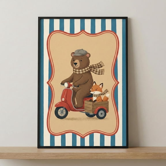 Brown Bear On Scooter Whimsical Illustration Wall Art Woodland Nursery Decor Fox Unframed Paper Print