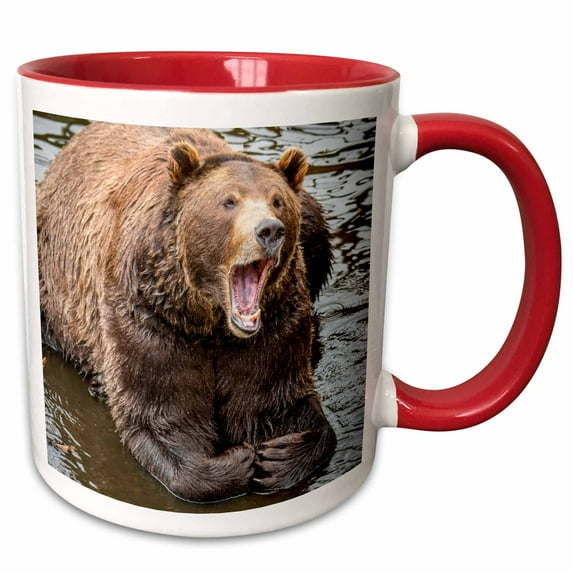 3drose, Brown Bear Opens Wide at Fortress of the Bear Rescue Center., 15oz Two-tone Red Mug