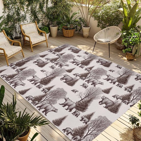 Brown Bear Outdoor Rug 5x7 Ft - Reversible Patio Rug Outdoor Camping Rugs, Hunting Bear Forest Wildlife Animals Vintage Indoor Outdoor Area Rugs, Non-Slip Outdoor Carpet Runner for Deck/Porch