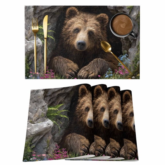 Brown Bear Placemats Set of 4 Cave Animals Wildflowers Rustic Place Mats Indoor Wipeable Table Mats Washable Cloth Dining Table Placemats for Kitchen Holiday Party Home Decor 13x19 Inch
