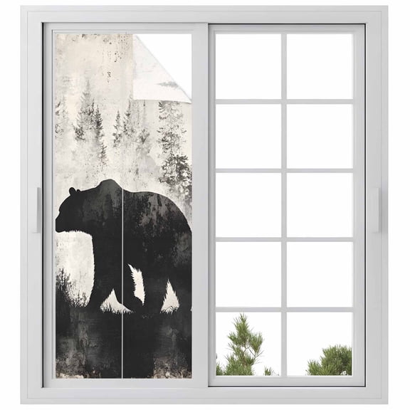 Brown Bear Privacy Window Film, Decorative Frosted Glass Window Film, Retro Forest Nature Tree Silhouette Mountain Reusable Peel and Stick Static Cling for Home Bathroom Office Glass Door 23.6"x59"