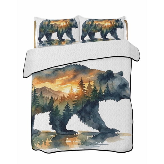 Brown Bear Quilts Bedding Set Queen Size Vintage Misty Green Trees Brown Bear Sunset Lightweight Quilted Bedspread 3 Piece Bed Quilt with 2 Pillow Shams All Season for Bedroom 78" x 90"