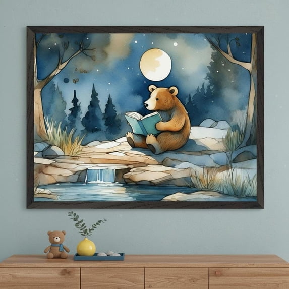 Cottagecore Reading Brown Bear Reading A Book Night Forest Animal Whimsical Woodland ...