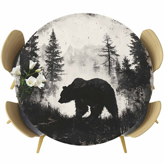 Brown Bear Round Fitted Table Cover Black Bear Forest Animal Modern Art Retro Waterproof Table Cloth with Elastic Edge Wipeable Tablecloth for Picnic Camping Party Fits 36"-44" Diameter