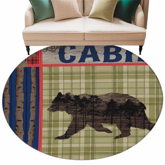 Brown Bear Round Rug 7ft Washable Circle Rugs Non Slip Sage Green Striped Pine Cones Farmhouse Art Large Area Rug Indoor Floor Carpet for Bedroom Kitchen Living Room Home Office Dining Room Nursery