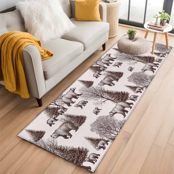 Brown Bear Runner Rug 2x6 FT,Non Slip Hallway Rugs,Hunting Bear Forest Wildlife Animals Vintage Washable Soft Floor Carpet Throw Runner Carpet Long Rugs for Entryway Kitchen Bedside Sliding Door