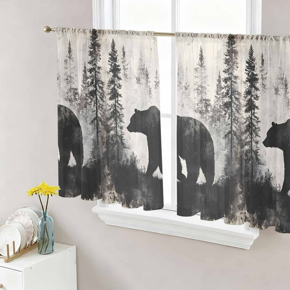 Brown Bear Semi Sheer Window Curtains 54 Inches Long, Retro Forest Nature Tree Silhouette Mountain Rod Pocket Voile Silky Chiffon Curtain Light Filtering Drapes for Living Room, 52"x54", 2 Panels