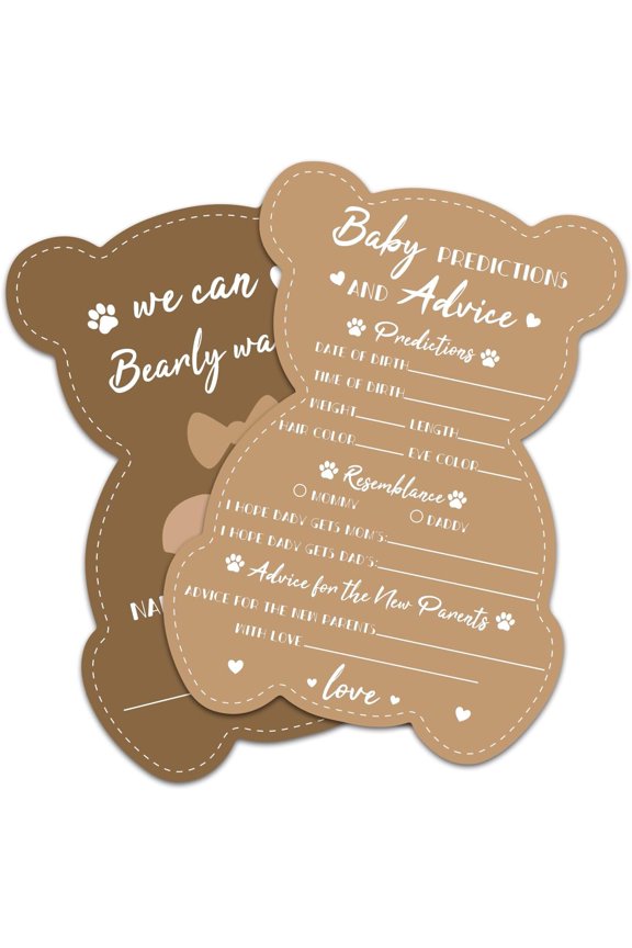 Brown Bear Shape 50 PCS Baby Prediction Advice & Wishes Cards for the Parent-to-be Baby Shower Games - 5x7in Baby Prediction