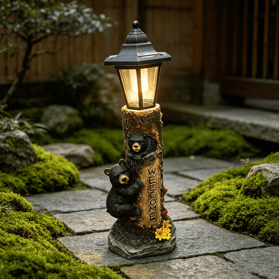 A Brown Bear Statue Welcoming Guests, Garden Statue With Solar-Powered Lights, 19-Inch Resin Bear Family In A Tree and Outdoor Bear Decoration for Courtyard, Garden, Lawn, Patios