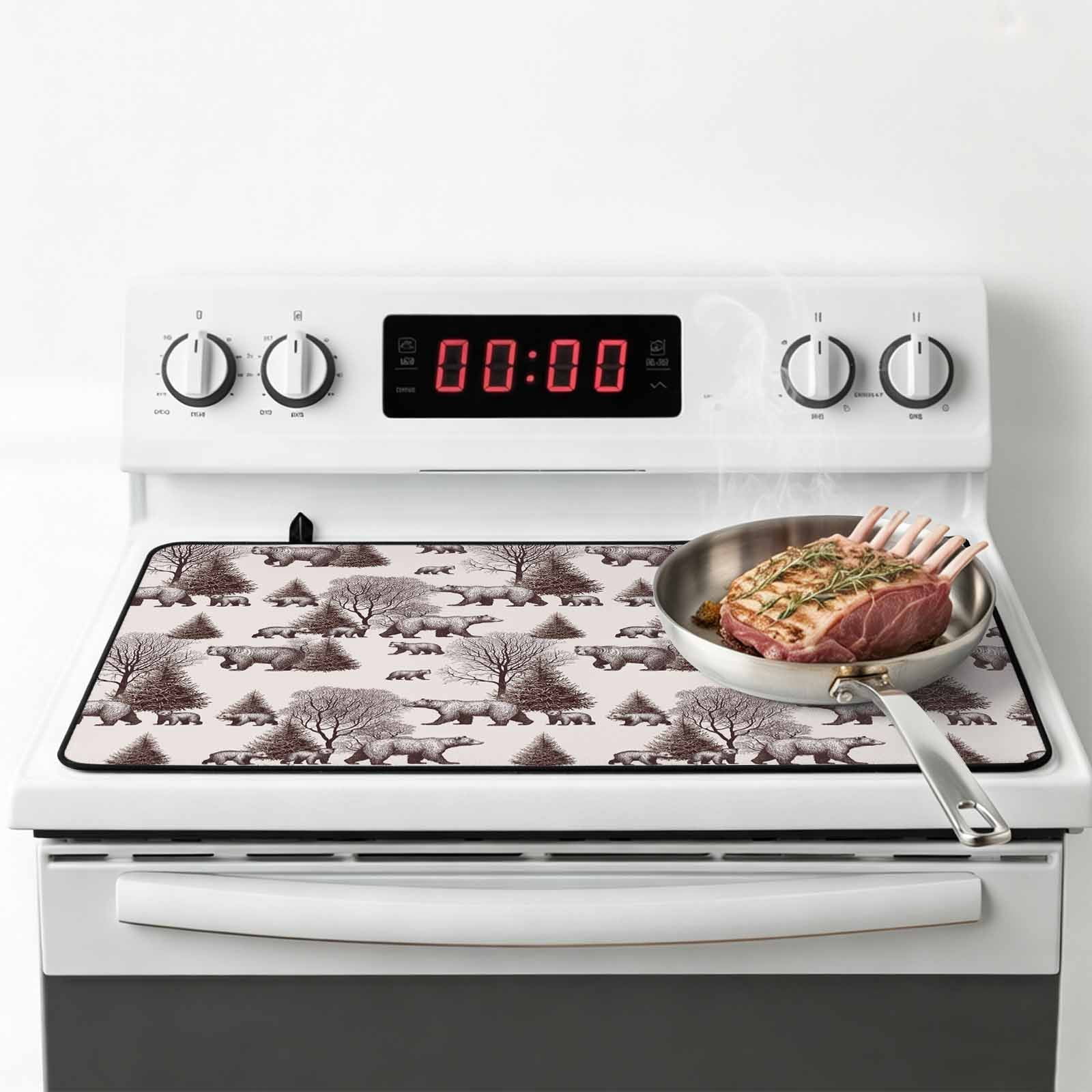 Brown Bear Stove Top Cover for Electric Stove, Heat-proof & Non Slip Glass Top Stove Cover Protector, Hunting Bear Forest Wildlife Animals Vintage Kitchen Flat Cooktop Rubber Mat 24x21 Inches