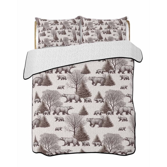 Brown Bear Summer Quilt Set Twin XL Size,Soft Quilted Bedding Set with 2 Pillow Shams,Hunting Bear Forest Wildlife Animals Vintage Lightweight All Season Bedspread Coverlet for Bedroom 68"x98"