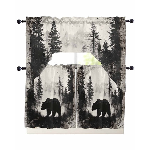 Brown Bear Swag Valance and Tier Curtains Set Black Bear Forest Animal Modern Art Retro Kitchen Curtains 3 Piece Set Rod Pocket Panels for Bedroom Cafe Swag Valances and 36 inches Tiers