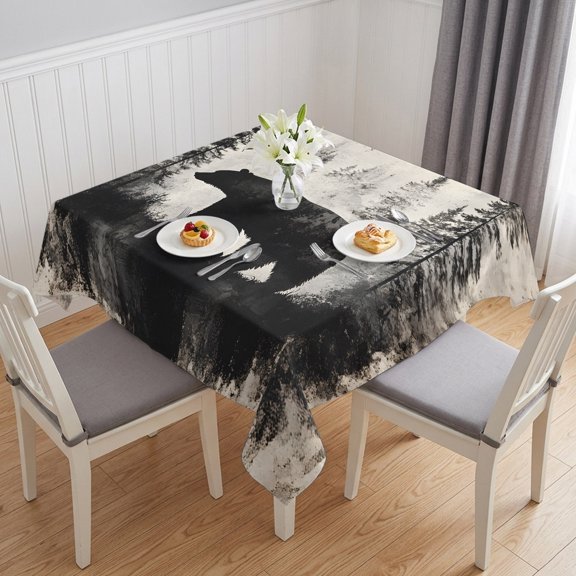 Brown Bear Table Cloth Waterproof Tablecloths, Retro Forest Nature Tree Silhouette Mountain Tablecloth Dining Table Cover for Kitchen Party Tabletop Outdoor, Square Tablecloth 54x54 Inch