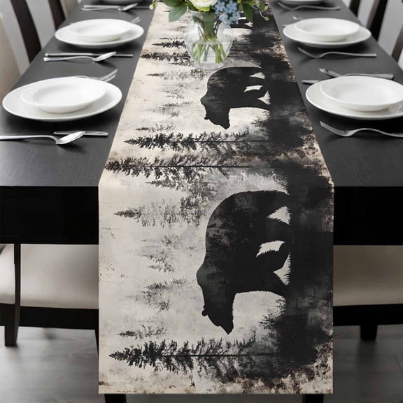 Brown Bear Table Runner 48 Inches Long, Retro Forest Nature Tree Silhouette Mountain Kitchen Coffee Dining Table Decoration for Home Party Birthday Wedding Home Decor 13x48 Inches