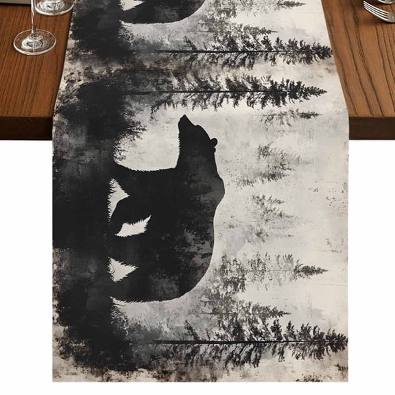 Brown Bear Table Runner 72 Inches Long,Retro Forest Nature Tree Silhouette Mountain Cotton Linen Table Runners Dresser Scarves,Fabric Tabletop Scarf Furniture Cover for Home Dinner Party 13"x72"