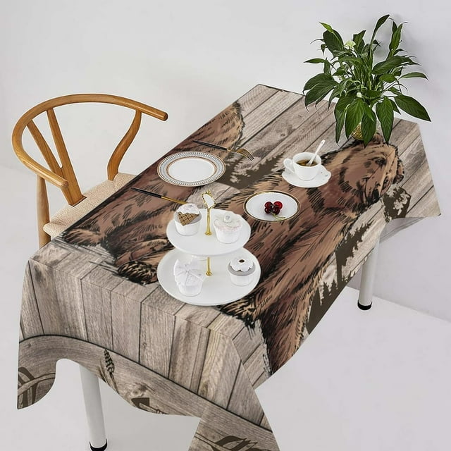 Brown Bear Tablecloth, Rustic Wooden Board Forest Wild Animal Retro Country Famhouse Lodge Table Cover, Water Resistant Wipeable Tablecloths for Kitchen Dinning Room Decor 55"x55"