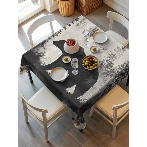 Brown Bear Tablecloth Square Table Cloth 54x54, Waterproof Tablecloth Outdoor Table Cloth, Retro Forest Nature Tree Silhouette Mountain Washable Table Cover for Kitchen Dinning Party