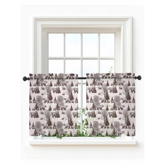 Brown Bear Tier Curtains 24 Inch Length,Sheer Curtains for Bedroom Living Room Window Hunting Bear Forest Wildlife Animals Vintage Small Half Window Kitchen Curtains & Drapes 27.5"x24" 2 Panels
