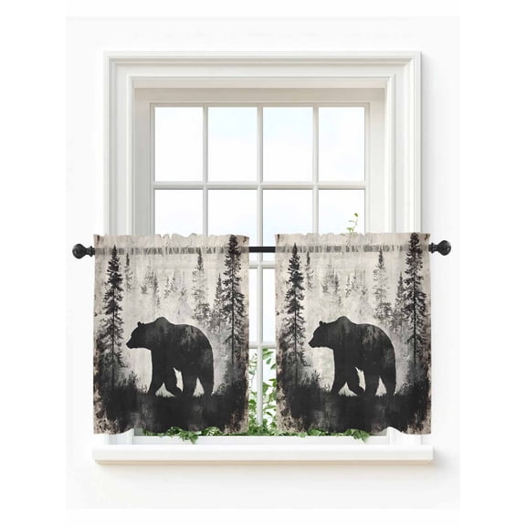 Brown Bear Tier Curtains 24 Inch Length,Sheer Curtains for Bedroom Living Room Window Retro Forest Nature Tree Silhouette Mountain Small Half Window Kitchen Curtains & Drapes 27.5"x24" 2 Panels