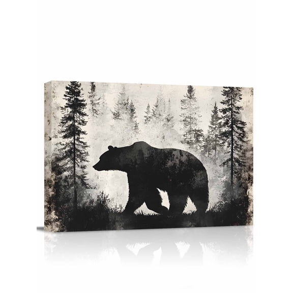 Brown Bear Wall Art for Living Room,Canvas Picture Wall Decor for Bathroom Bedroom,Retro Forest Nature Tree Silhouette Mountain Painting Artwork for Office Kitchen Hallway Dining Room Decor 12"x16"