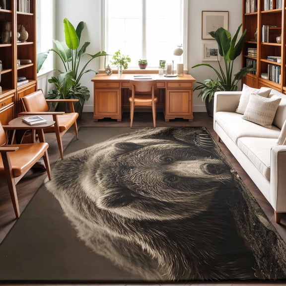 Brown Bear Washable Area Rug 9 x 12 ft Forest Wildlife Animal Rustic, Soft Non Slip Rugs Stain Repellent Indoor Felt Carpet for Living Dining Room Bedroom Home Office