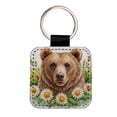 thumbnail image 1 of Brown Bear Watercolor Design With Daisies Faux Leather Square Keychain, 1 of 7