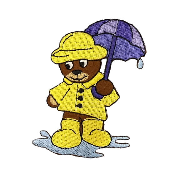 Brown Bear Wearing Yellow Rain Slicker - Embroidered Iron on Patch
