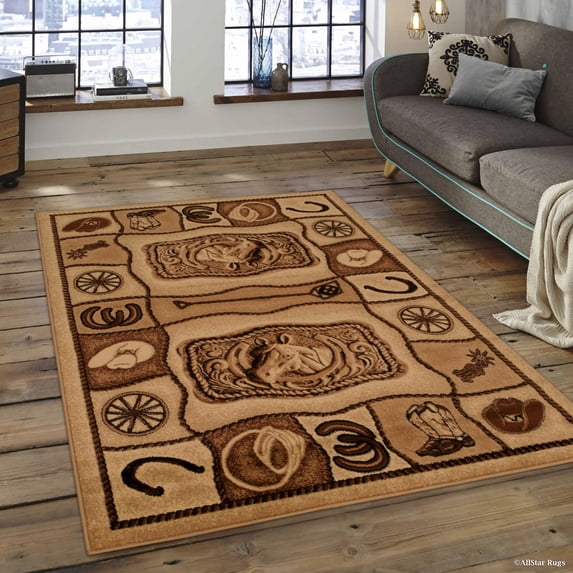 Brown Bear Wildlife Nature Paw Prints Fishing Rod Area Rug (3' 9" x 5' 1")