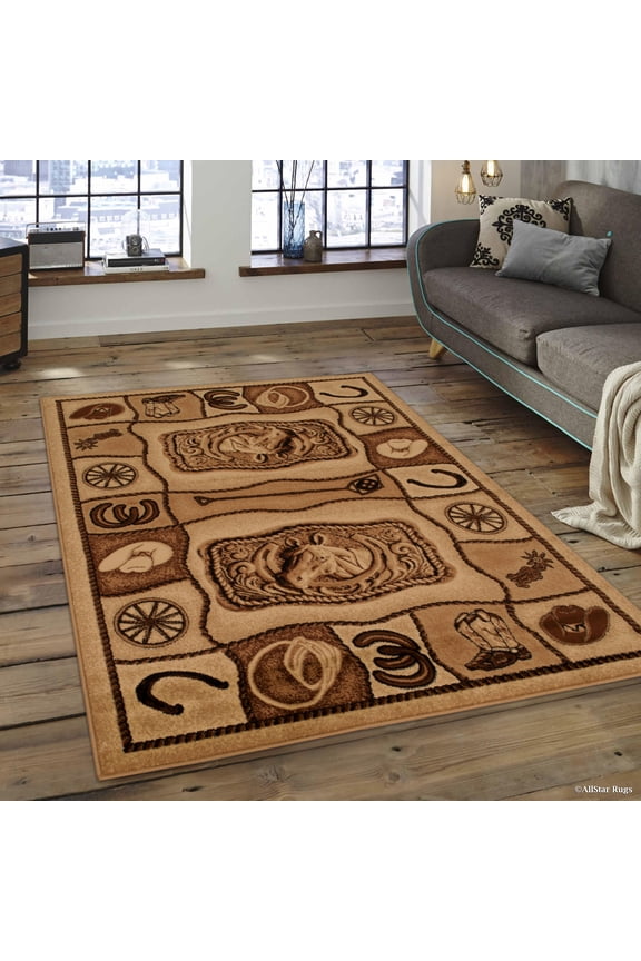 Brown Bear Wildlife Nature Paw Prints Fishing Rod Area Rug (3' 9" x 5' 1")