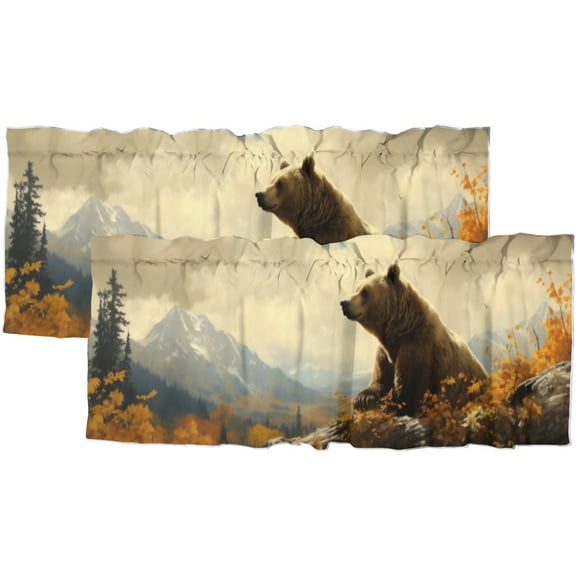 Brown Bear Window Curtain Valances Funny Animal Fall Forest and Maple Tree Privacy Window Valances for Living Room Kitchen 54 by 18 in, 2 Panel