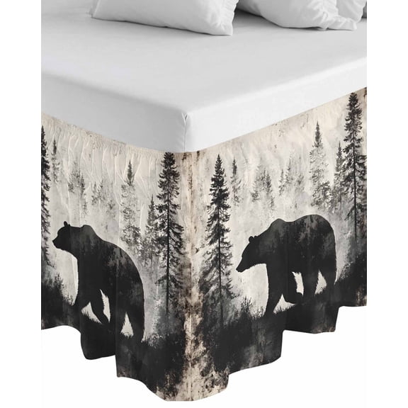 Brown Bear Wrap Around Bed Skirts for California King Bed 18" Drop,Bed Skirt with Adjustable Elastic Belt Dust Ruffle Bed Valance Retro Forest Nature Tree Silhouette Mountain Bed Frame Cover