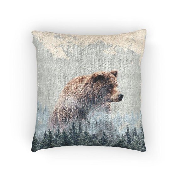 Brown Bear and Misty Pine Forest Woven Pillow, Rustic Woodland Decor
