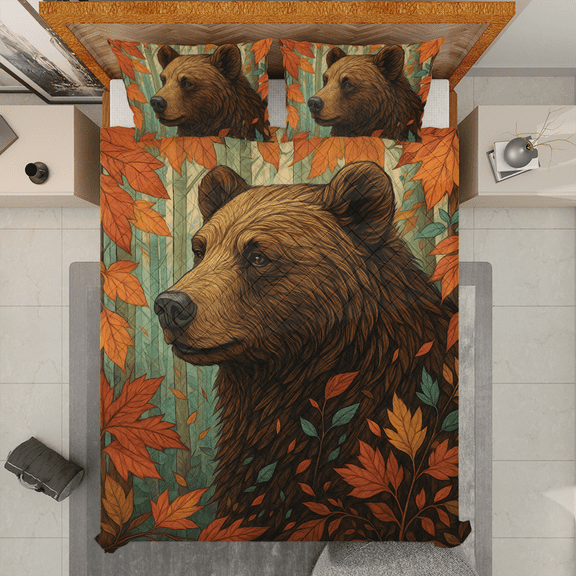 Brown Bear with Autumn Leaf Forest Quilt Bedding Set - Rustic Quilt Bed Set with Wildlife Design, Bedroom Décor, Fall Themed Animal Bedding