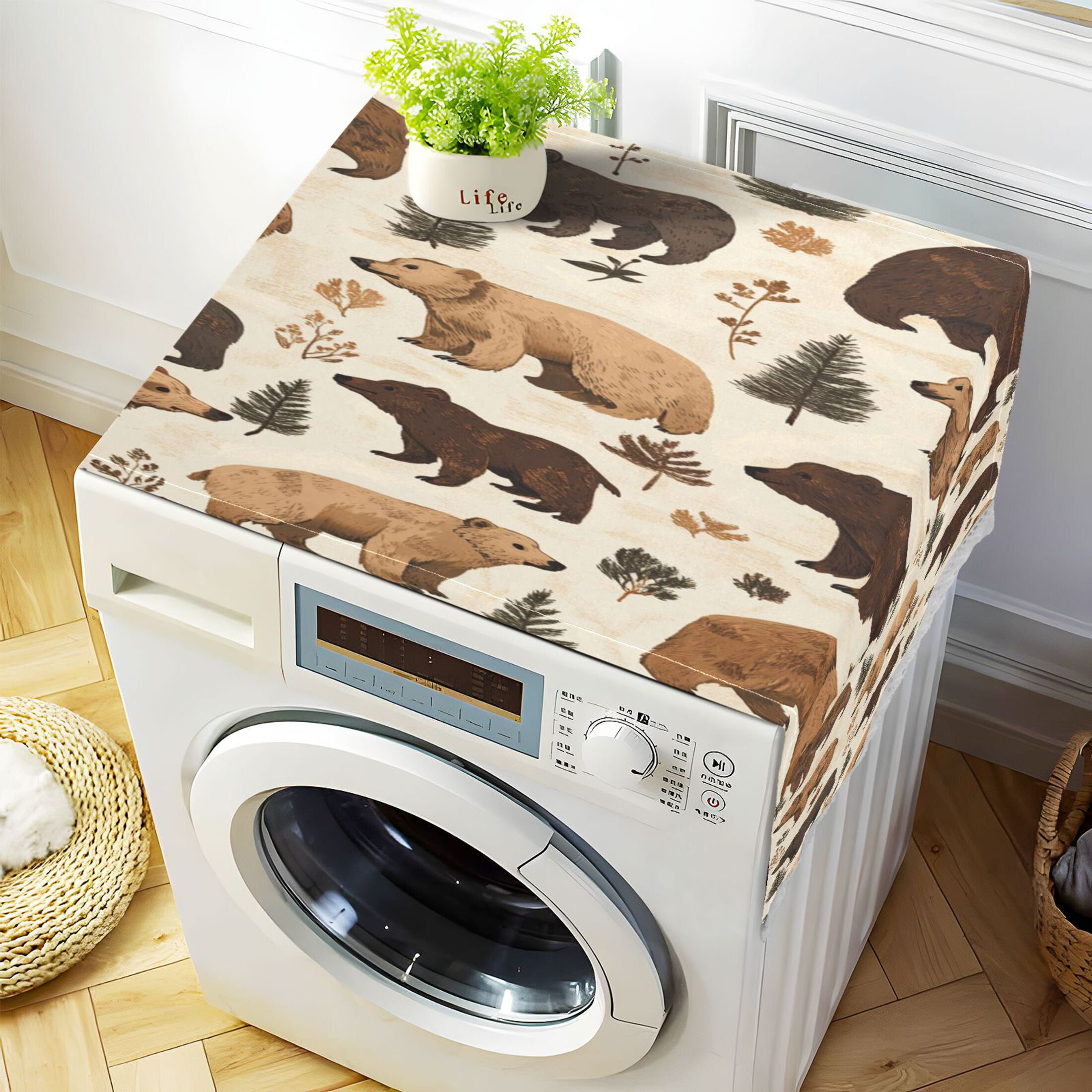 Brown BearWasher and Dryer Covers Dust-Proof and Oil Resistant Fridge Cover with 4 Storage Pockets Washing Machine Top Cover for Laundry Kitchen Home 51.2 x 22 In