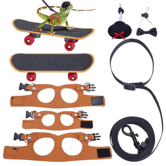 Brown Bearded Dragon Lizard Leash Harness Set with Bowknot Collar Hat Collar Scooter 3 Size Lizard Harness Leash Adjustable Small Animal Harness