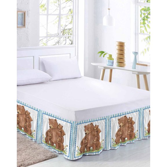 Brown Bears Bed Skirt Queen Size 16 Inch Drop, Yellow Flower Bee Blue Border Striped Animal Adjustable Elastic Dust Ruffles Bedskirt for Queen Bed Wrap Around Pleated Mattress Frame Cover