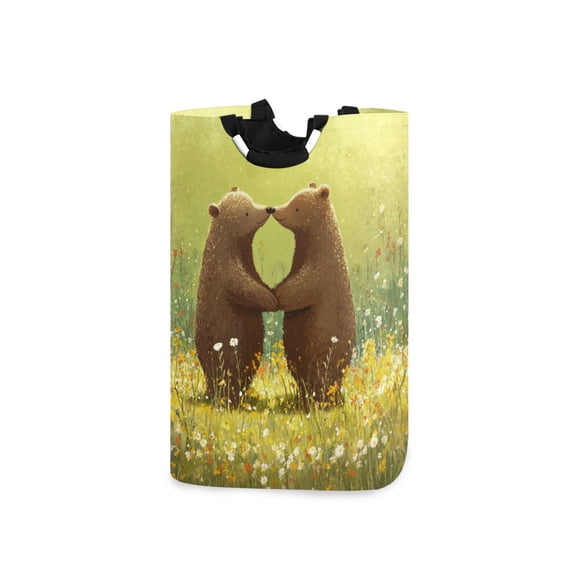 Brown Bears Kiss Valentine Laundry Basket with Handles Foldable Laundry Hamper Freestanding Washing Bin 50L
