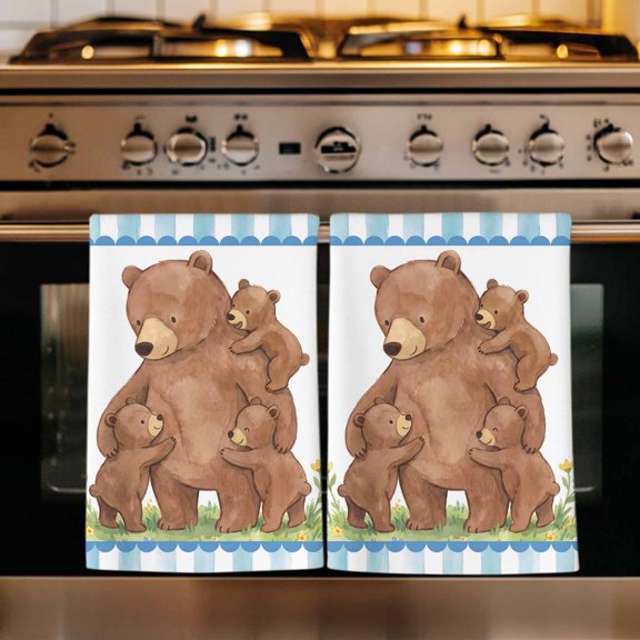 Brown Bears Kitchen Towels Set of 1, Cute Animals Blue Striped Absorbent Dish Towels for Kitchen, Microfiber Hand Towel, Quick Drying Tea Towel for Cleaning Decorative Dishcloths