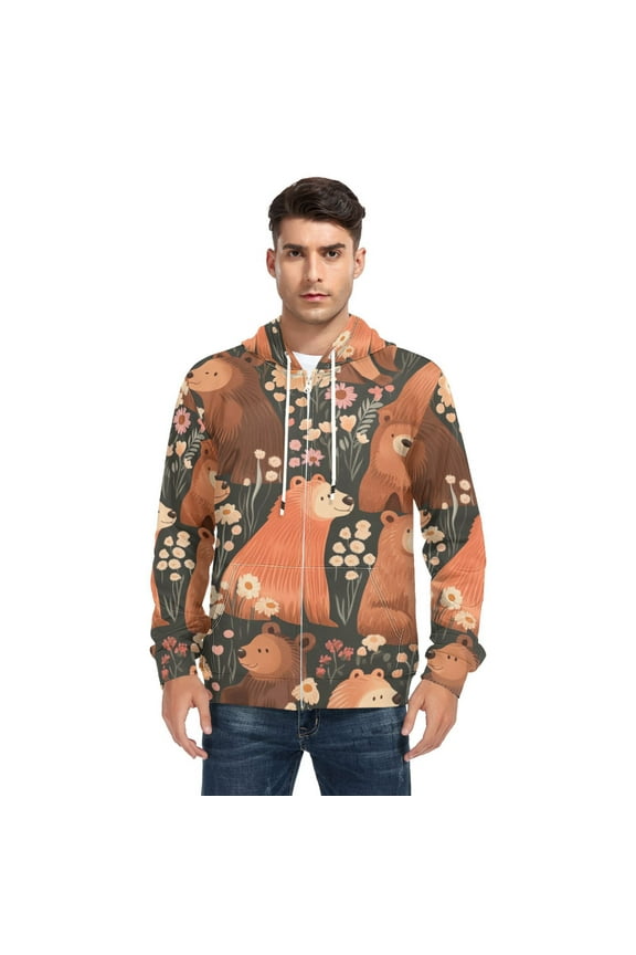 Brown Bears Men’s Hoodies Sweatshirt with Full Zip Pockets Fleece Jackets