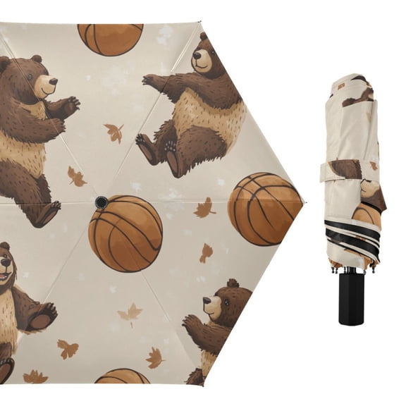 Brown Bears Play Basketball Leaves All Weather Umbrella Triple Folding Parasol 6 Ribs UV Protection Portable